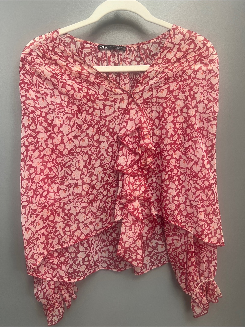 Zara Pink Floral Ruffle Front Blouse